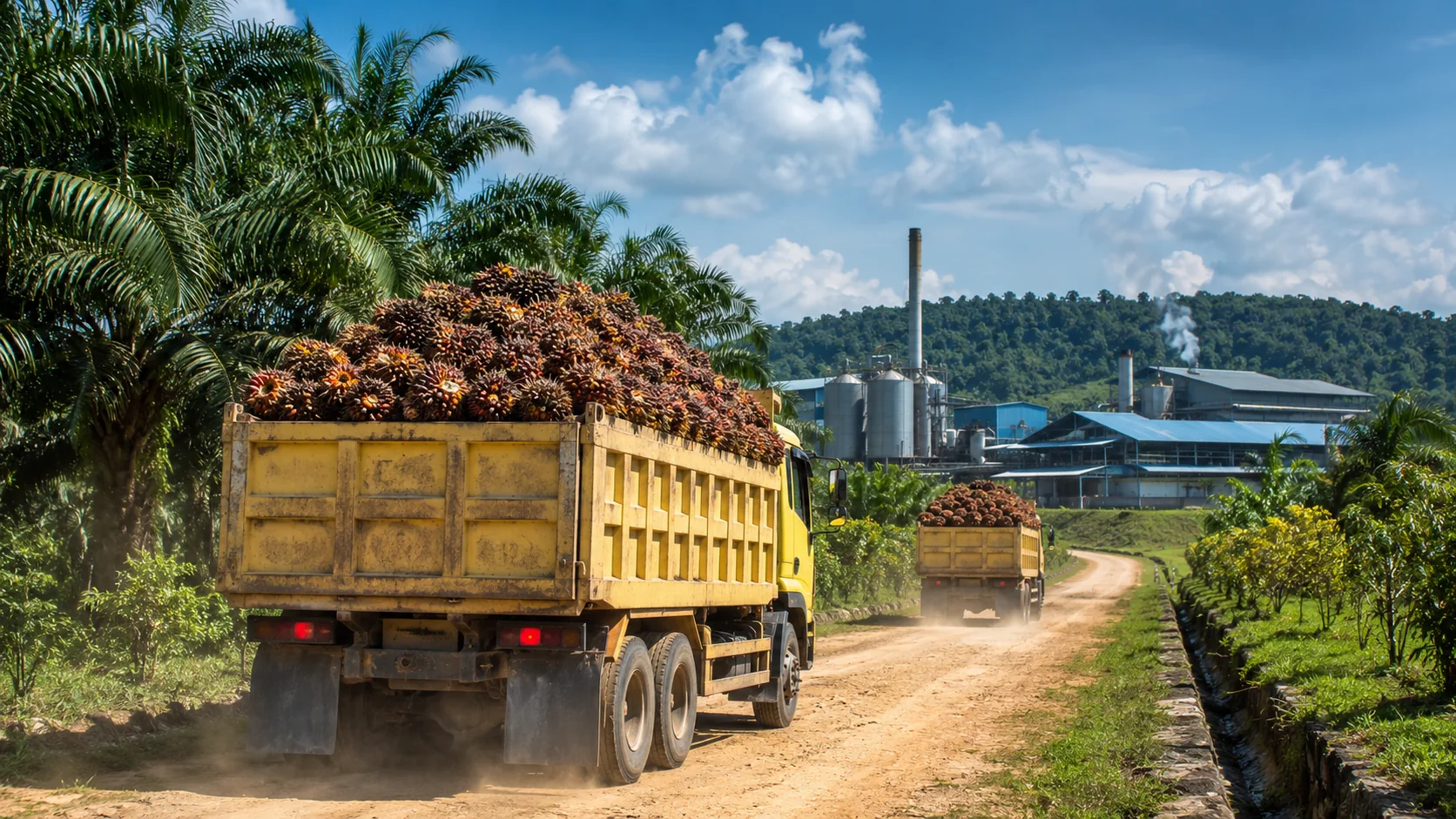 Palm fruit trucks arriving at an Indonesian palm oil processing mill