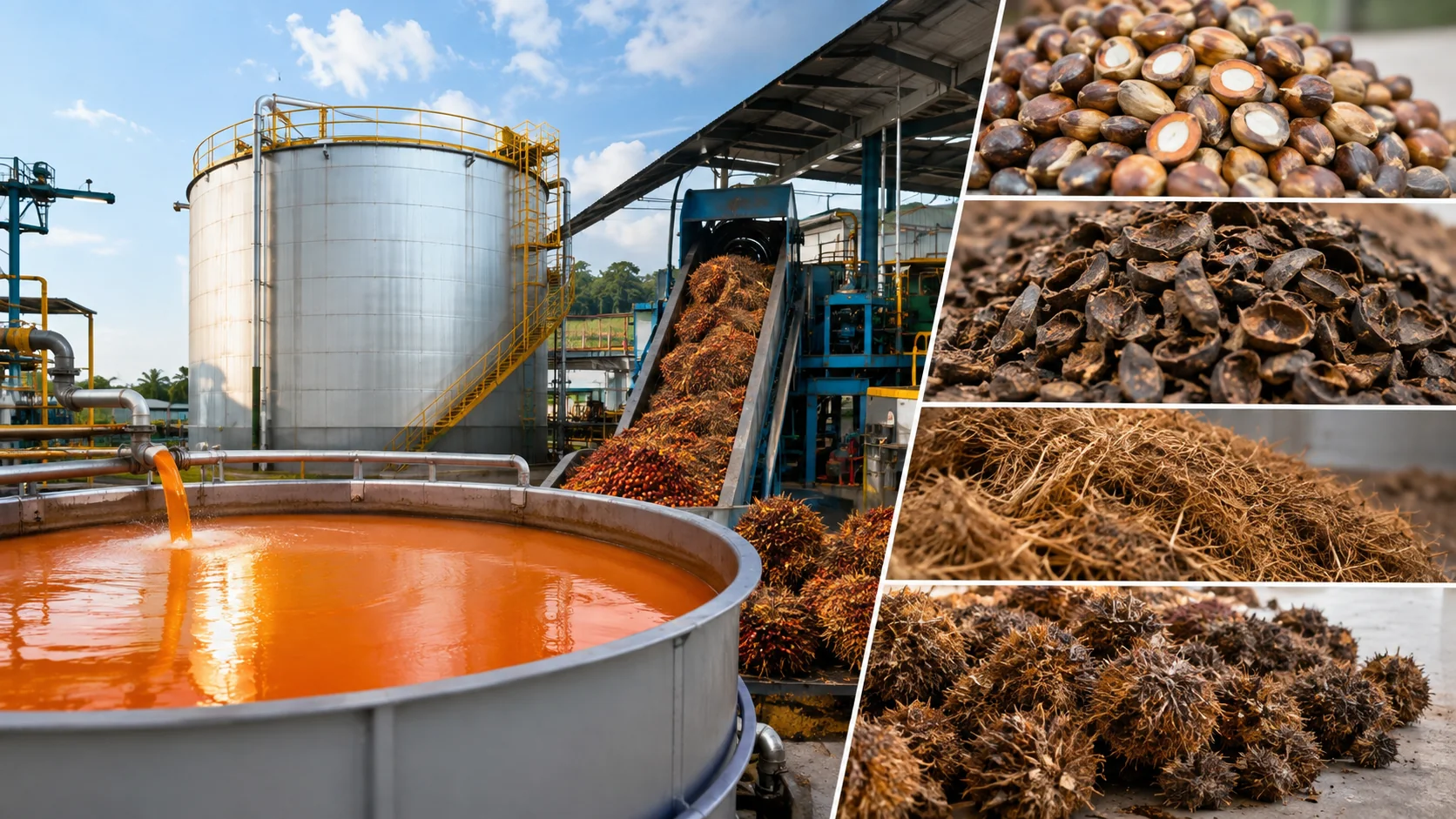Integrated palm mill outputs including crude palm oil, kernel, shell, fibre, EFB and POME management