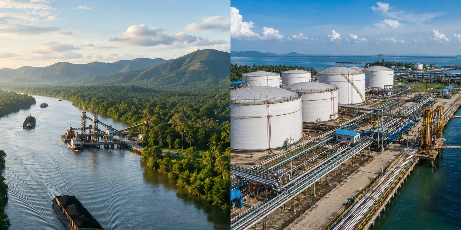 RSEC logistics overview showing coal barges and jetty operations alongside CPO tank storage, pipelines and liquid-bulk vessel loading