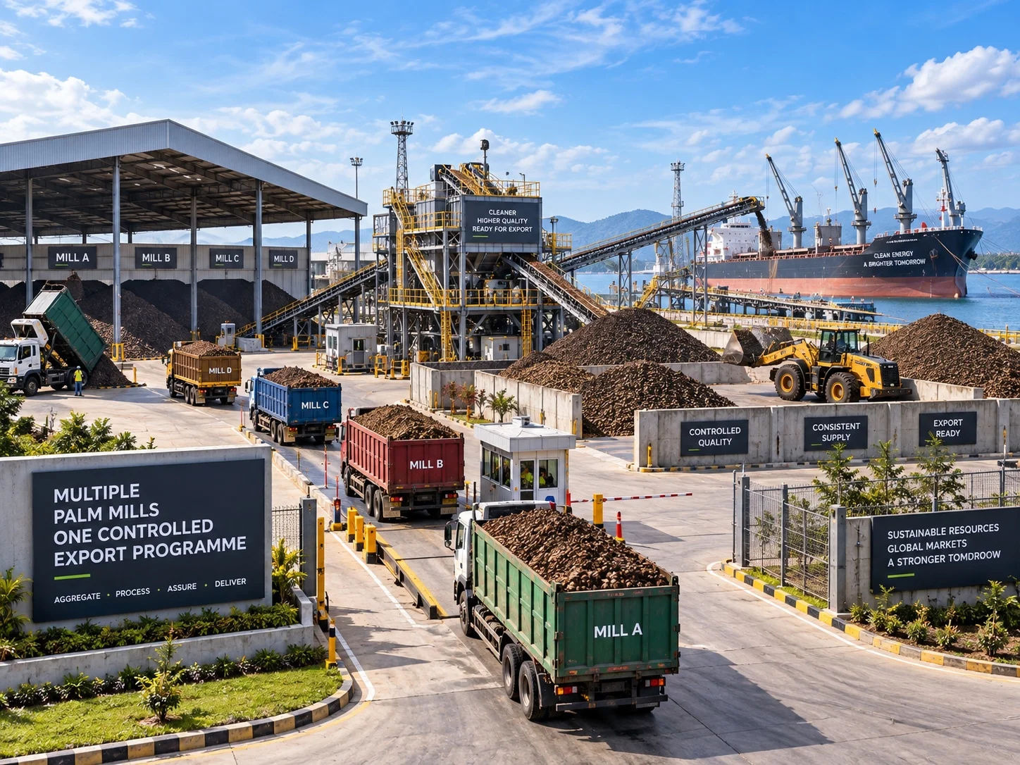 Palm Kernel Shell bulk loading and export stockpile terminal with trucks, conveyors and vessel