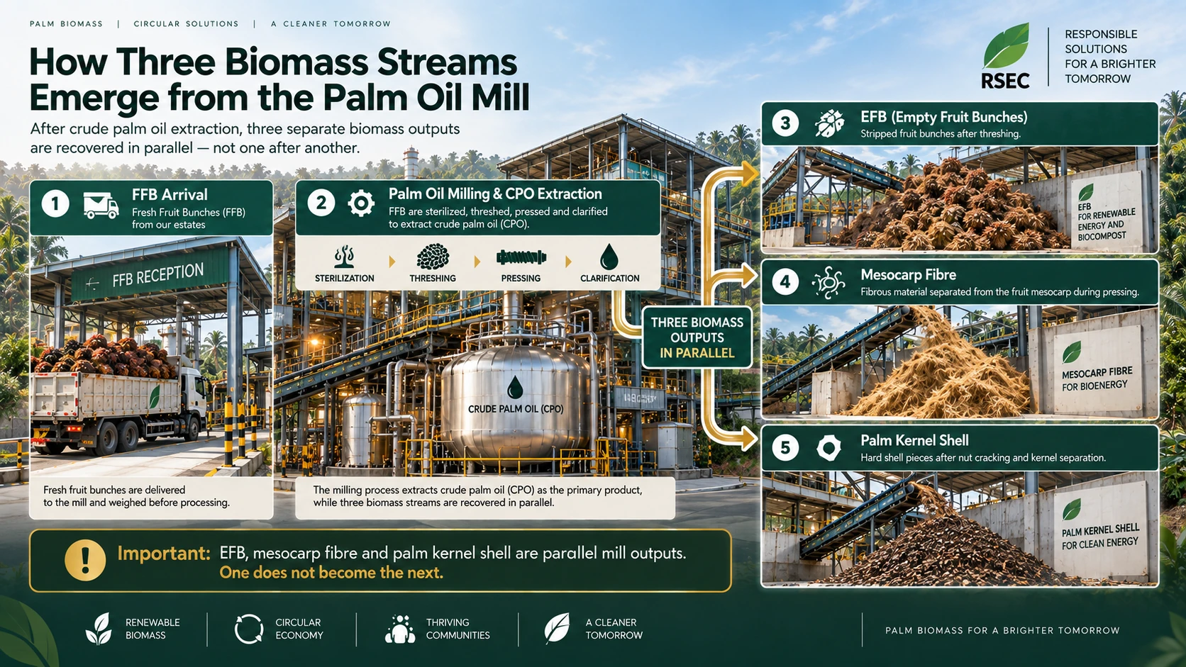 Palm oil mill process showing FFB arrival, CPO extraction and three biomass outputs recovered in parallel: EFB, mesocarp fibre and palm kernel shell