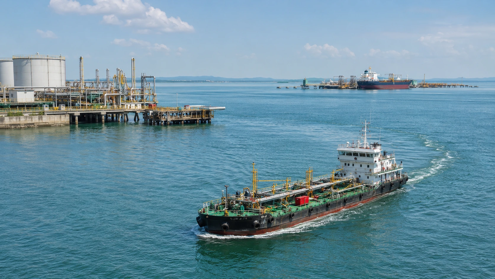 CPO tank barge moving from origin jetty toward anchorage or receiving terminal