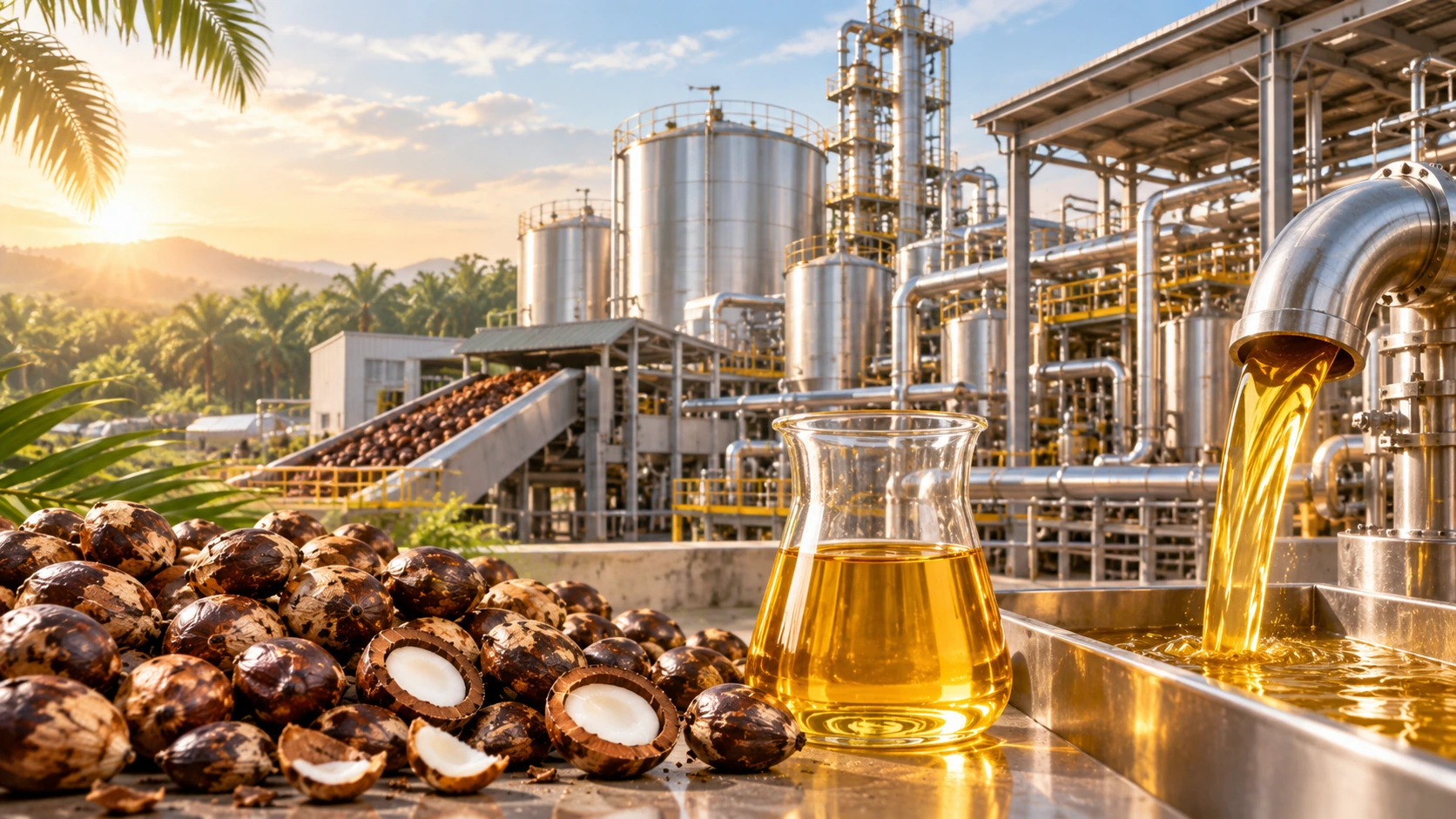 Palm kernels and Palm Kernel Oil at a kernel-crushing and oil-processing facility
