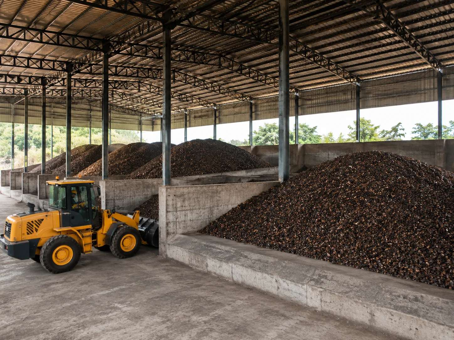 Covered warehouse with segregated palm kernel shell stockpiles