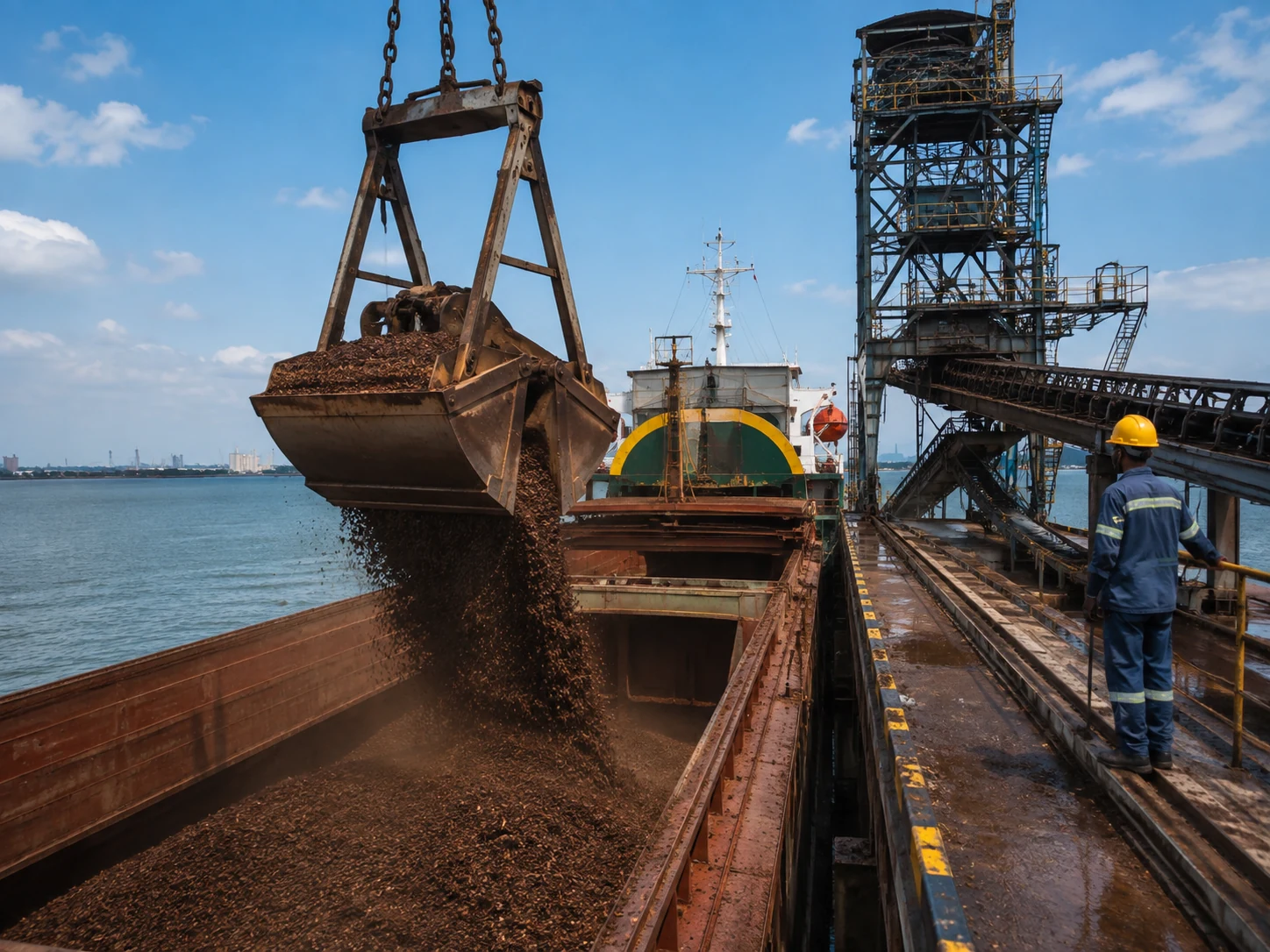 Palm kernel shell bulk cargo loaded into a vessel hold using a grab at the wharf