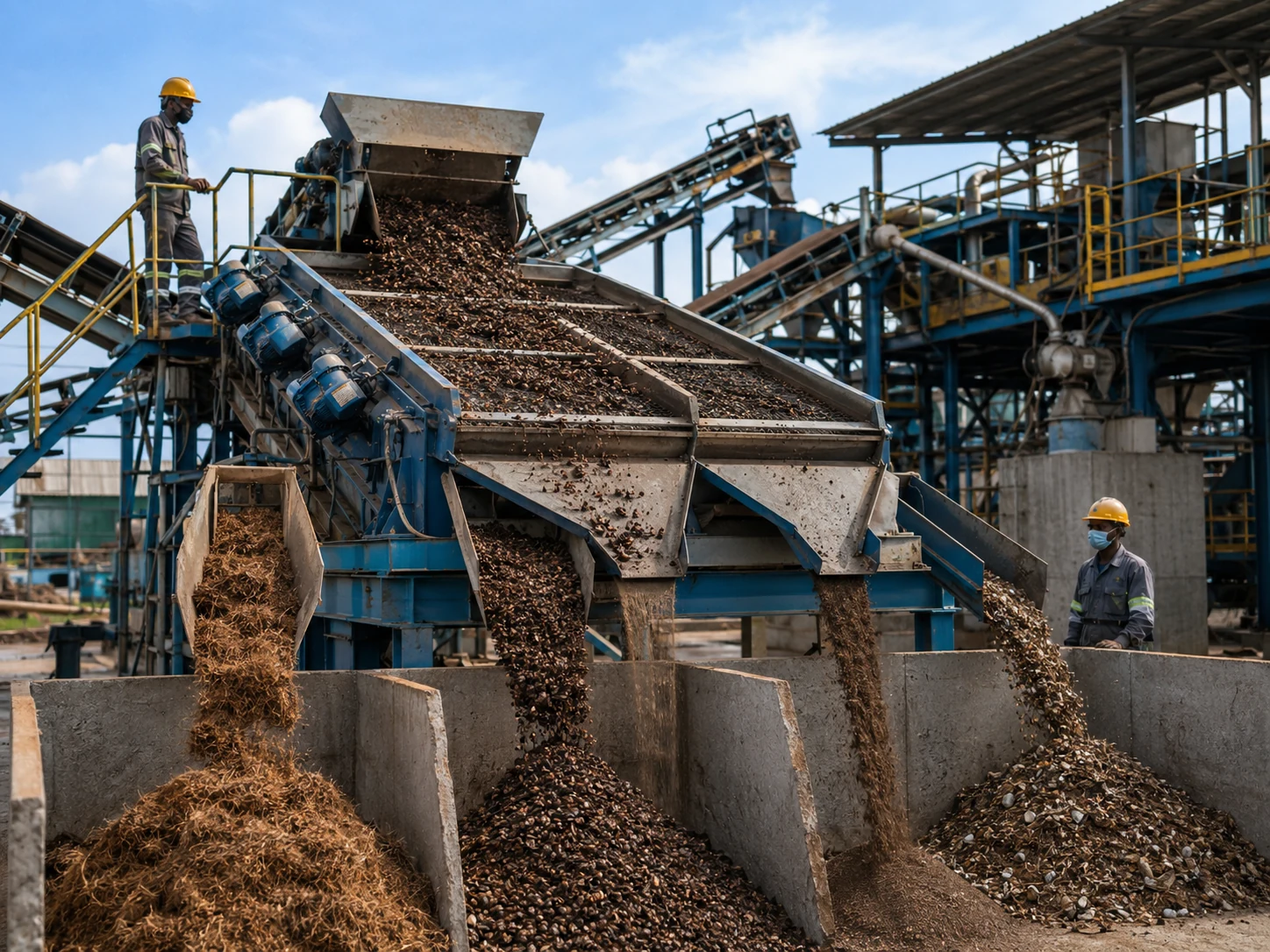 Industrial PKS screening plant separating shell, fibre, fines and foreign material