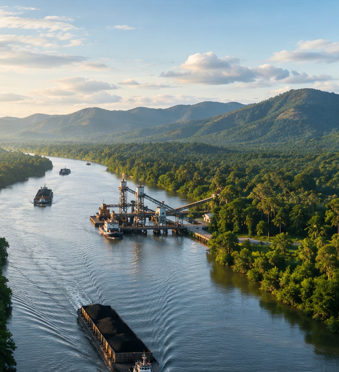 Coal terminal with barges, conveyor loading and river logistics